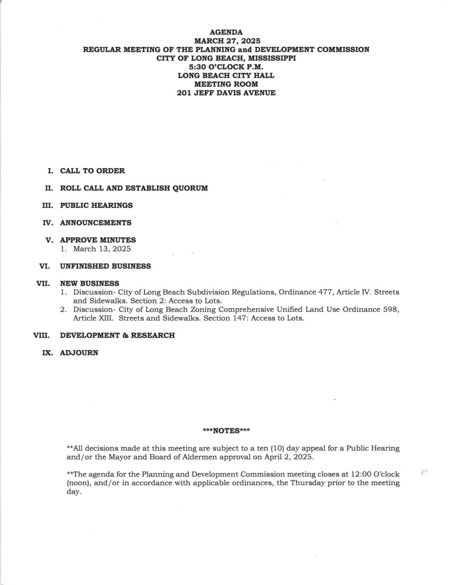 Planning and Development Commission Meeting Agenda, March 27, 2025