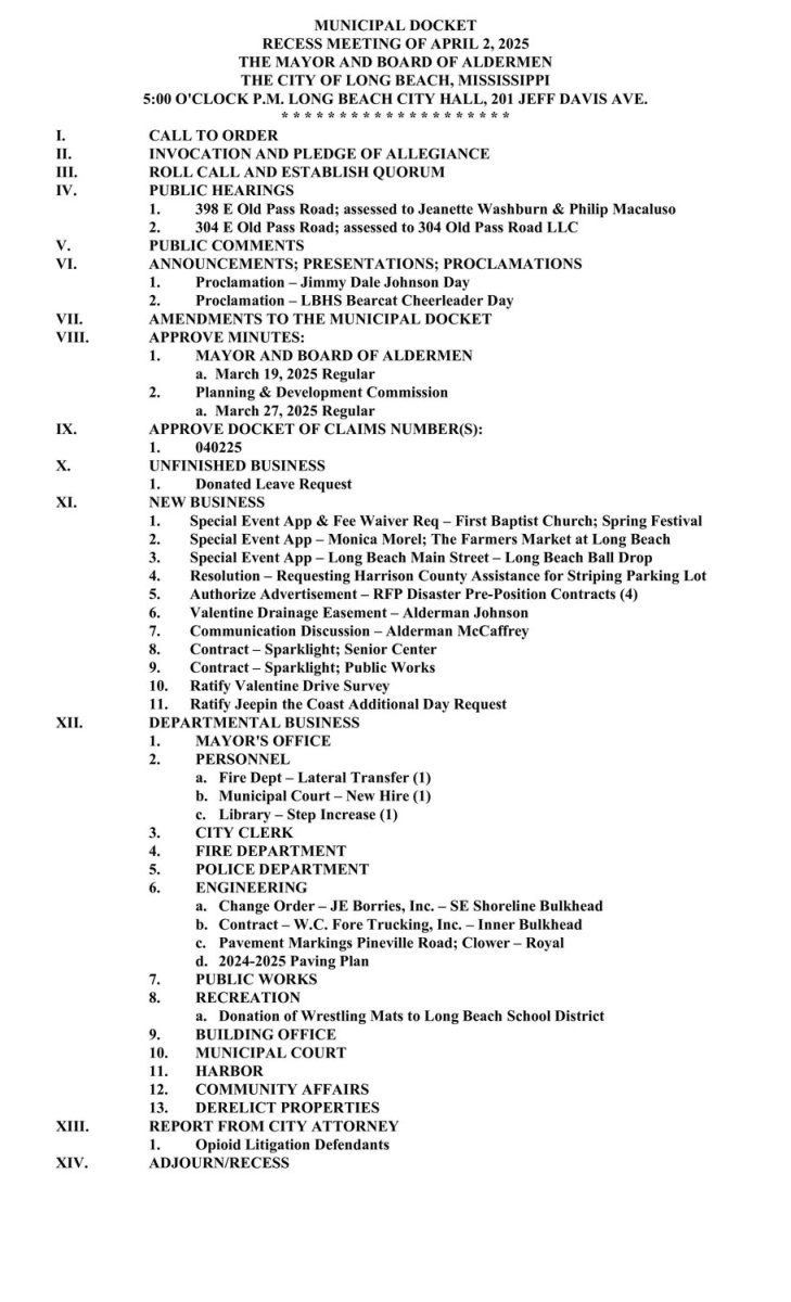 Mayor and Board of Aldermen Meeting Agenda, April 2, 2025