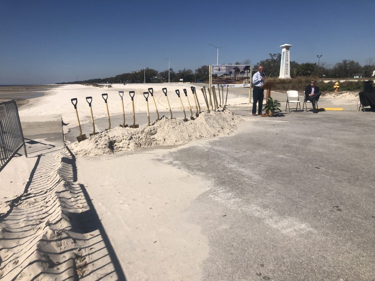 Shovels are lined up, waiting for the official groundbreaking ceremony.