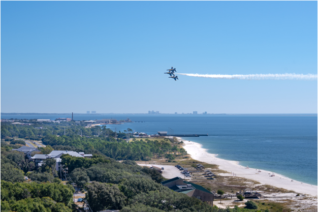 The U.S. Navy’s world-famous Blue Angels regularly entertain visits to the National Naval Aviation Museum during practice sessions in preparation for annual air shows over Pensacola Beach. Photo credit: Visit Pensacola