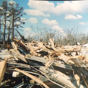 This photo, showing what soon became a commonplace scene throughout the area, was taken in Long Beach the day after Hurricane Katrina ravaged the Mississippi Gulf Coast. (Photo credit: Toni Miles)
