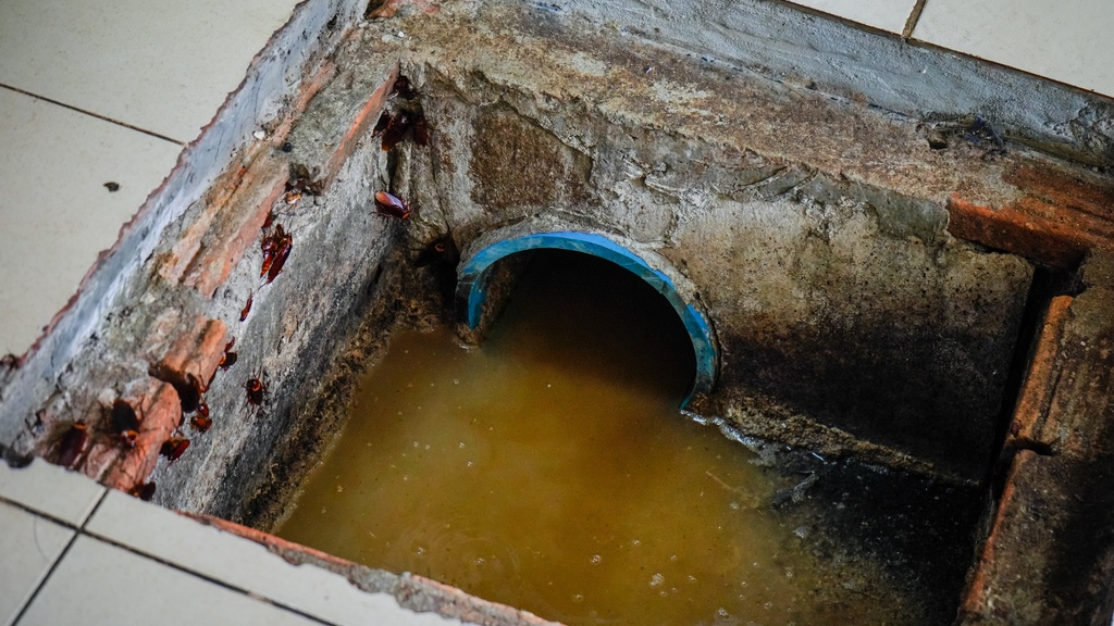 The floor of a restaurant kitchen with an exposed grease trap that's full of water and trapped grease.