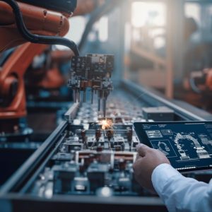 An over-the-shoulder view of an engineer examining an e-tablet and a manufacturing line with automated machines.