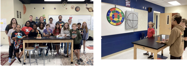 Mrs. Amber White’s sixth grade science class participating in Chemours physicalscience challenges. Pictured to the right, students testing their newly designed and built catapults.