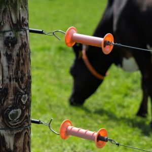 A wooden post with orange electric fence handles and wires in front of a grazing black-and-white cow in a green pasture.