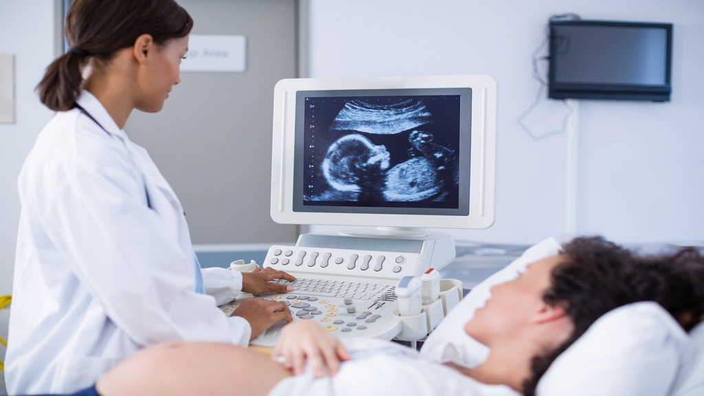 A pregnant woman lies down with her belly exposed while a female healthcare professional looks at the ultrasound machine.