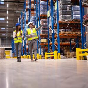 Two managers walking past rows of pallet racking units while pointing at something. They are both wearing safety gear.