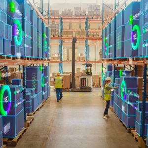A warehouse facility with a robotic overlay on the packages. Some workers are walking around the row, grabbing items.