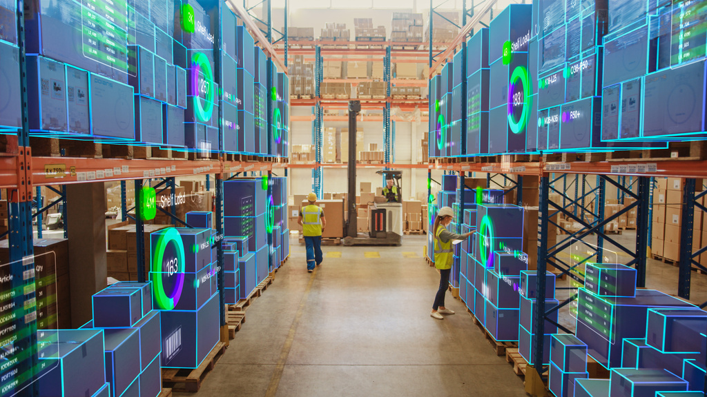 A warehouse facility with a robotic overlay on the packages. Some workers are walking around the row, grabbing items.