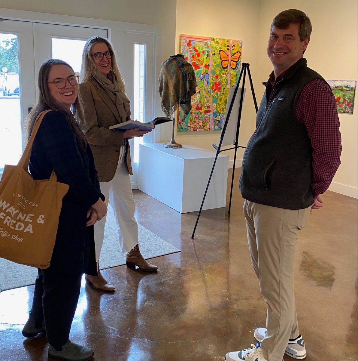Pictured (l to r) are writer Erin Austen Abbot, Gail Keenan Art Center Curator Ann Madden and Coast Episcopal School Head of School Jake Winter.