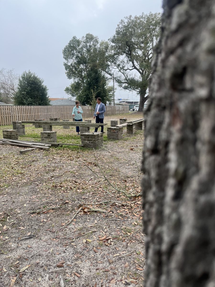 : Debbie Cox the Long Beach Garden Club (left) and Long Beach Mayor Tim Pierce (right) hold a discussion at the Arbor Day tree planting at Greenvale.