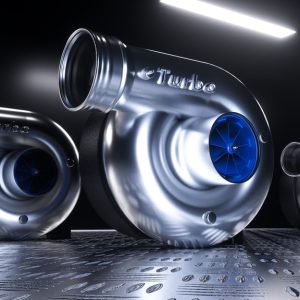 Three metallic silver turbochargers with blue turbine blades on a silver platform, against a clean black background.