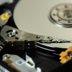 close up of inside of open hard disk drive