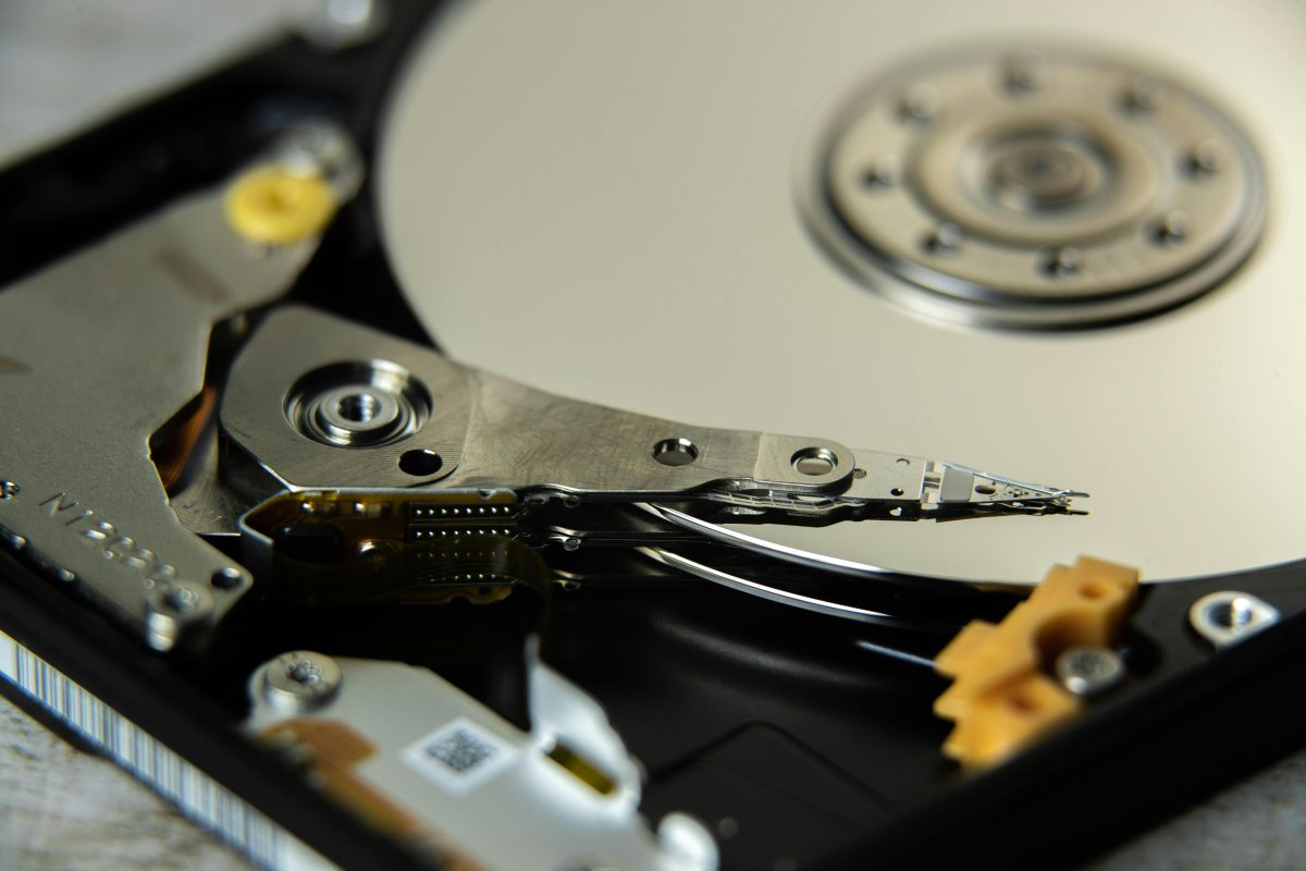 close up of inside of open hard disk drive