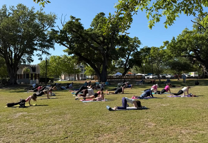 Residents gathered at the Harper McCaughan Town Green on Saturday, April 11, for Yoga in the Park, a free community program hosted by the City of Long Beach and The Energy Club. The next session is scheduled for Saturday, May 9, at 9 a.m.