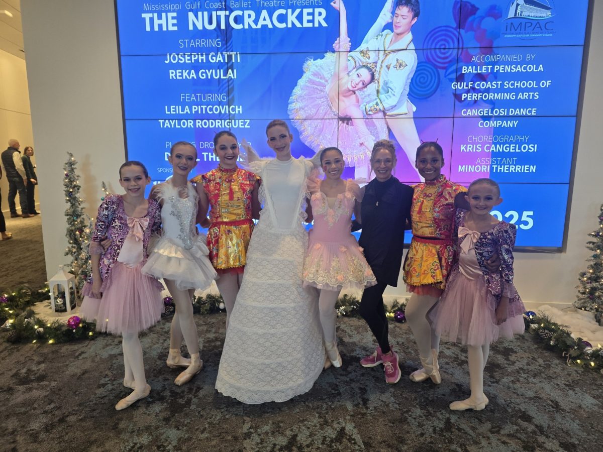 Kris Cangelosi is pictured third from right with performers from Mississippi Gulf Coast Ballet Theatre’s 2025 presentation of The Nutcracker, which she choreographed.