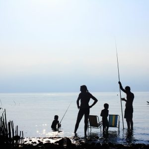 silhouette of people fishing and standing near the water