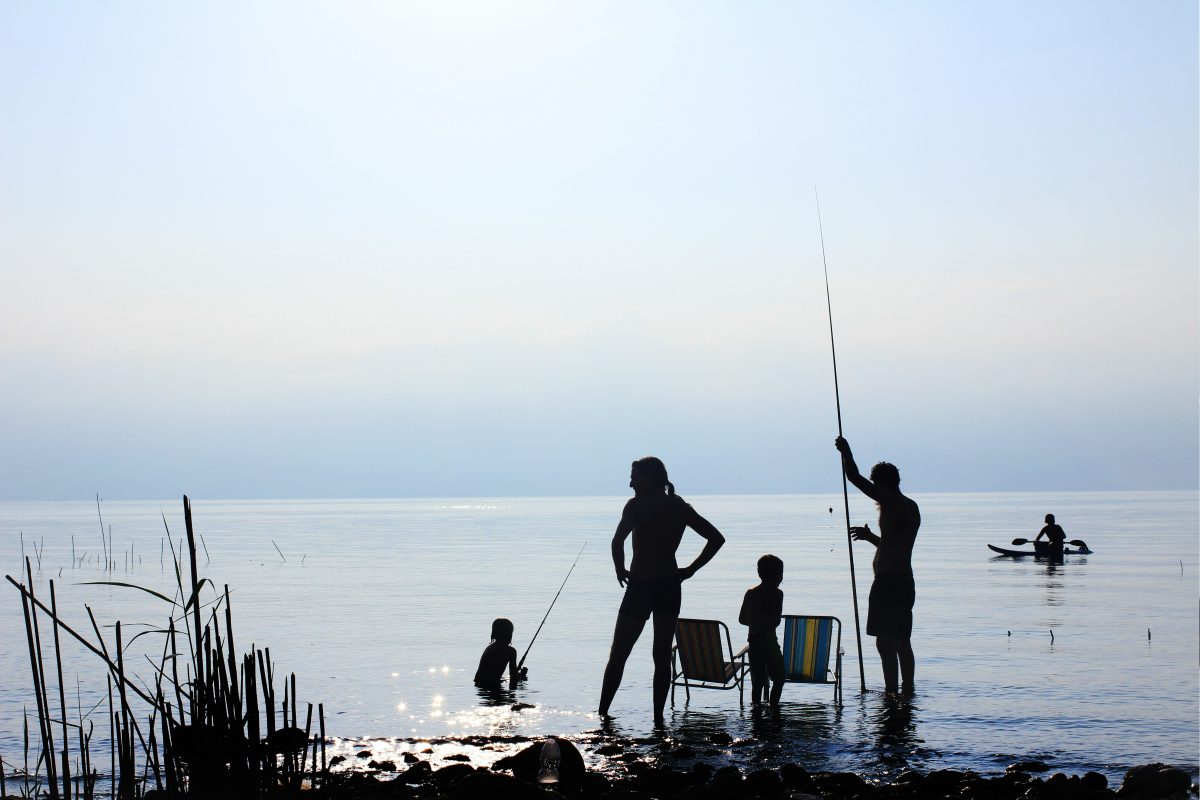 silhouette of people fishing and standing near the water