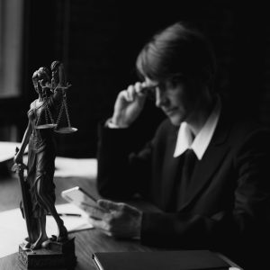 grayscale-photo-of-a-lawyer-using-a-mobile-phon