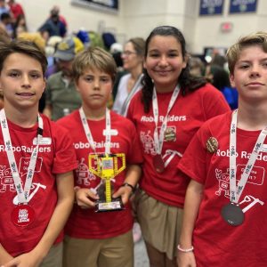 Coast Episcopal School Robo-Raiders (l to r), Porter Bates, Hutson Lambert, Augustine Martinez and Isabella Wood, will be traveling with their parents and robotics coaches in May to a three-day international competition in Long Beach, California.