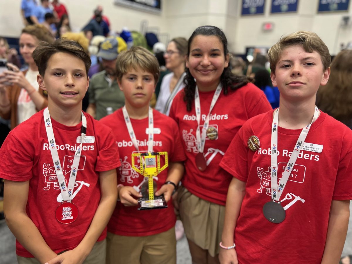 Coast Episcopal School Robo-Raiders (l to r), Porter Bates, Hutson Lambert, Augustine Martinez and Isabella Wood, will be traveling with their parents and robotics coaches in May to a three-day international competition in Long Beach, California.
