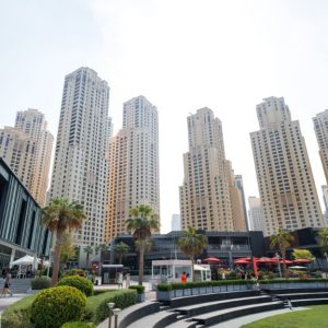A green public park with palm trees, benches, and a paved walkway all sitting in front of a bunch of tall buildings.
