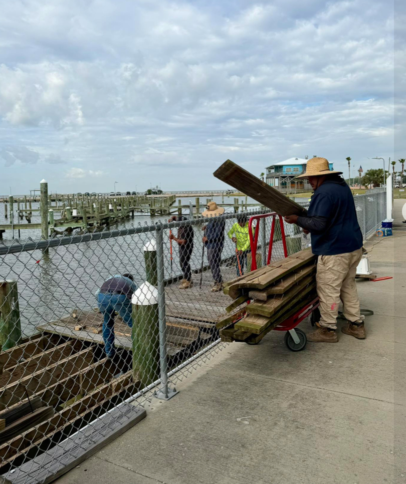 In late April, crews could be seen removing damaged piers on the northeast side of the Long Beach Harbor to make way for restoration of new replacement piers.