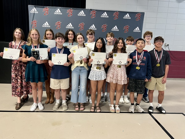 Seventh-grade top fifteen students include Anthony Craig, Brielle Barrows, Brooke Salzman, Caleb Keeton, Greyson Dunavant, Jack Harris, Kellan Huynh, Louis Nguyen, McKenzie Langston, Nolan Dillard, Reagan League, Reed Rishel, Reese Walker, Xinyan Lin and Skylar Peeler.