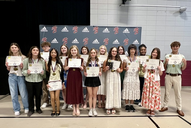 Eighth-grade top fifteen students include Aubrey Shaw, Emily Barlow, Grace Reiser, Isabelle Olson, Jayda Burnett, Jessa Fayard, Lorelai Ladner, Mackenzie Carr, Madden Winchester, Matthew Forehand, Peighton Buckley, Seth Lukes, Sofia Kate Ikbala, Willa McCarley and Kendal Cooper.