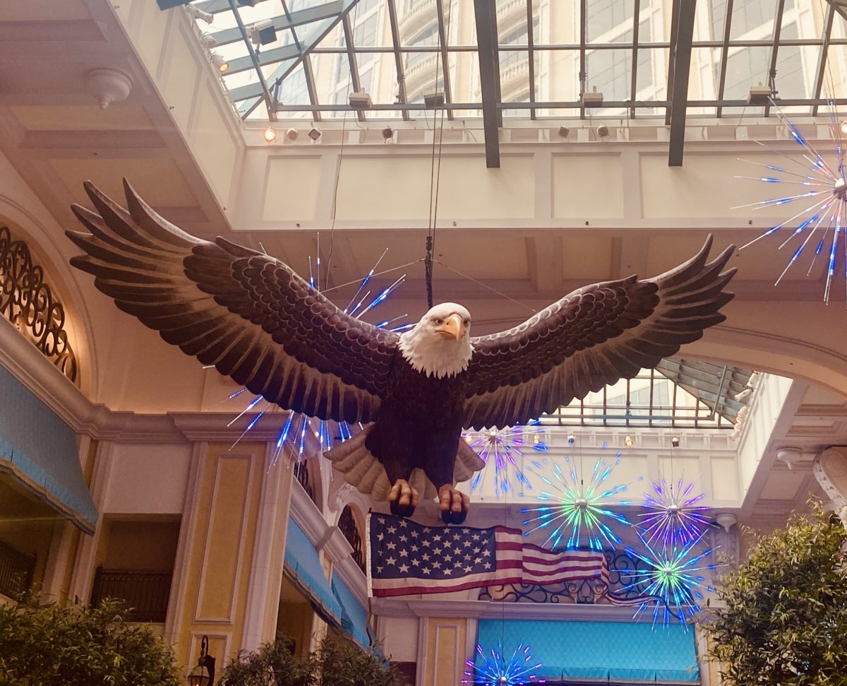A majestic bald eagle hovers over the lobby and atrium at the Beau Rivage Resort and Casino in Biloxi; just one of the many patriotic symbols on display in advance of America’s 250th birthday on July 4.