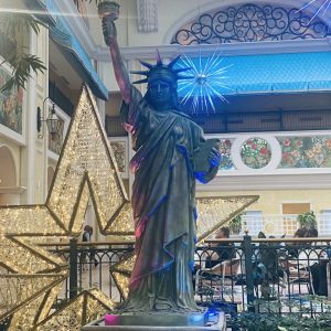 A replica of the Statue of Liberty, complete with a lighted torch, greets guests as they enter the lobby at the Beau Rivage, much like the original Lady Liberty greeted immigrants enroute to the U.S. in the previous centuries.