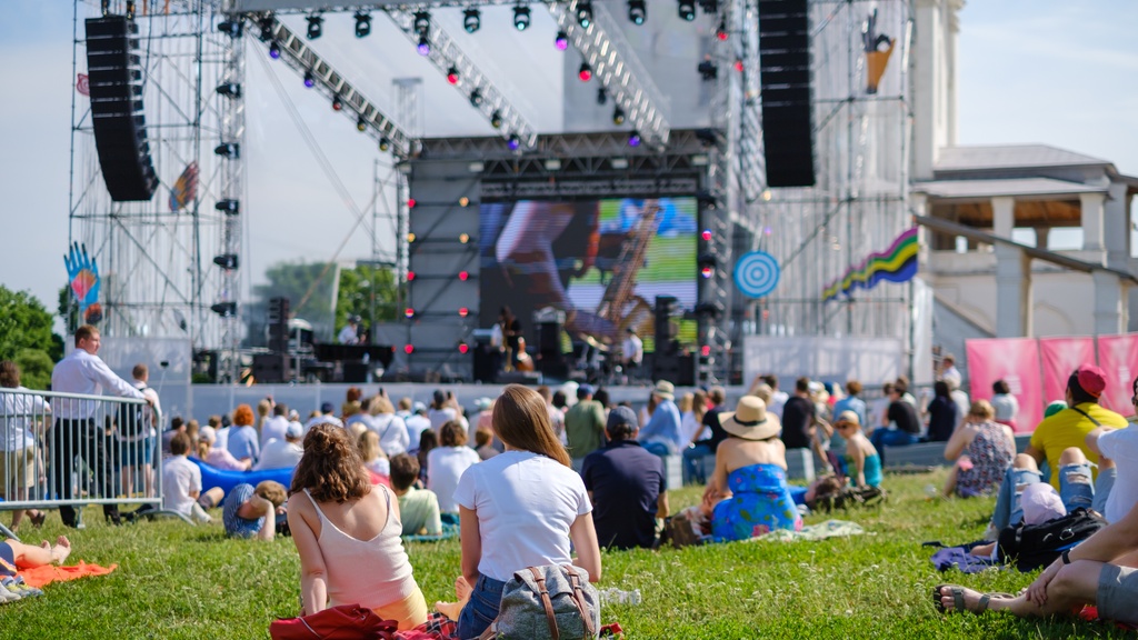 Crowd of festival attendees sitting on grass watching a live outdoor music concert with a large lit stage and big screen.