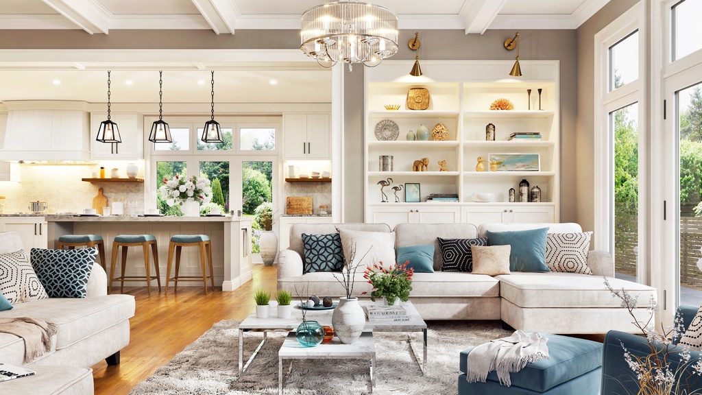 Bright open-concept living room with neutral furnishings, large windows, built-in shelving, and a connected kitchen.