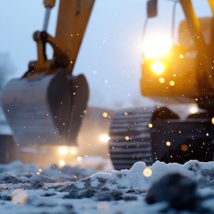An excavator has its lights on. There is snow falling from the sky, and there are other vehicles in the background.