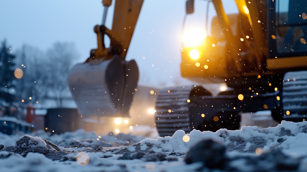 An excavator has its lights on. There is snow falling from the sky, and there are other vehicles in the background.