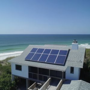 An aerial view of a two-story home with solar panels, placed on a beach with white sand surrounded by greener.