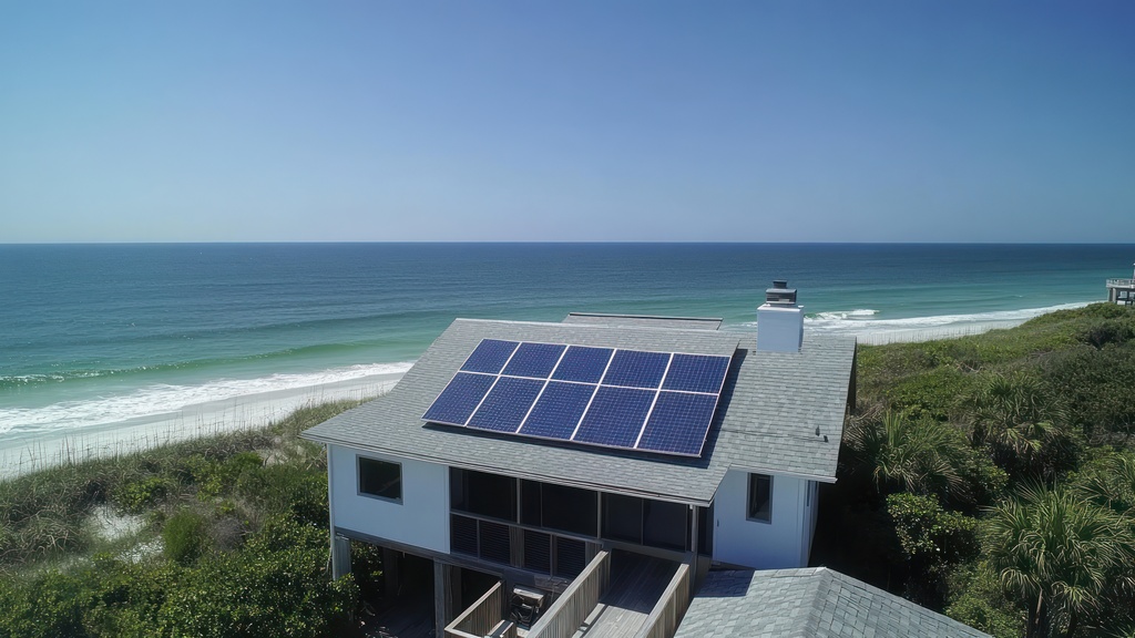 An aerial view of a two-story home with solar panels, placed on a beach with white sand surrounded by greener.