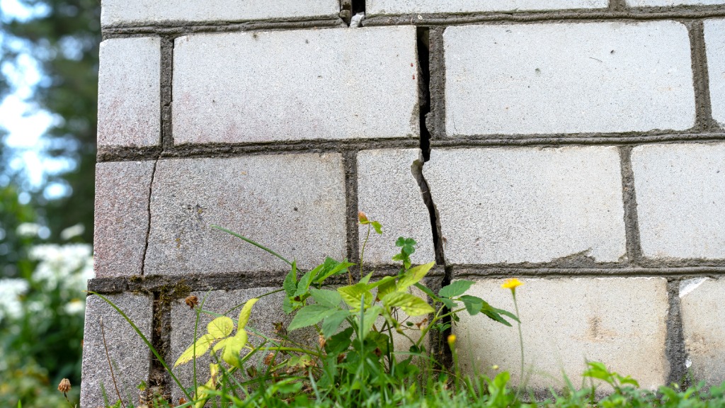 Close-up of a crack in the foundation of a home. The wall of the home consists of white bricks and has plants next to it.
