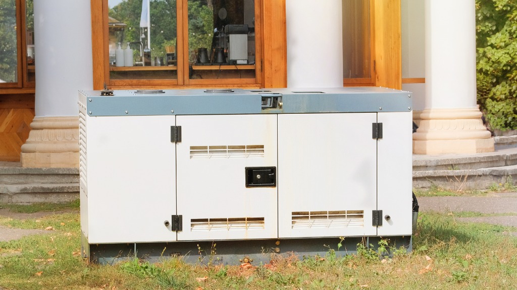 A close-up of a white diesel standby generator sitting on the grass outside a home with large white pillars. A close-up of a white diesel standby generator sitting on the grass outside a home with large white pillars.