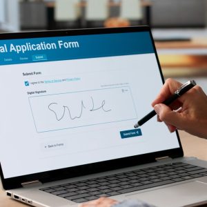 A close-up of a hand holding a stylus pen to digitally sign inside a black square on a laptop monitor on a desk.