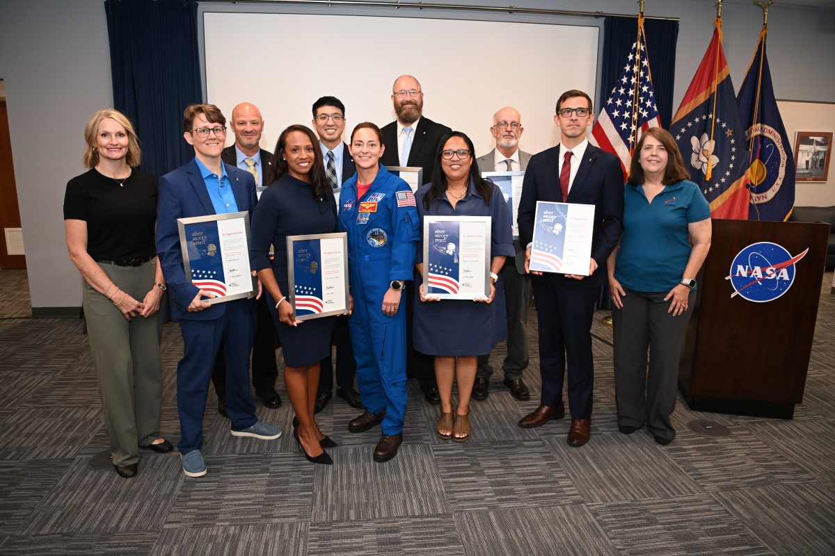 Silver Snoopy Award recipients included (l to r), front row: NASA Shared Services Executive Director Anita Harrell; Felisha Jarrell; Alicia Bartee; NASA Astronaut Nicole Mann; Stacey Goodloe; Joseph Richard; NASA Stennis Director Christine Powell; and second row: Jason Peterson, Huy Nguyen, Kenneth McCormack and James Cain.