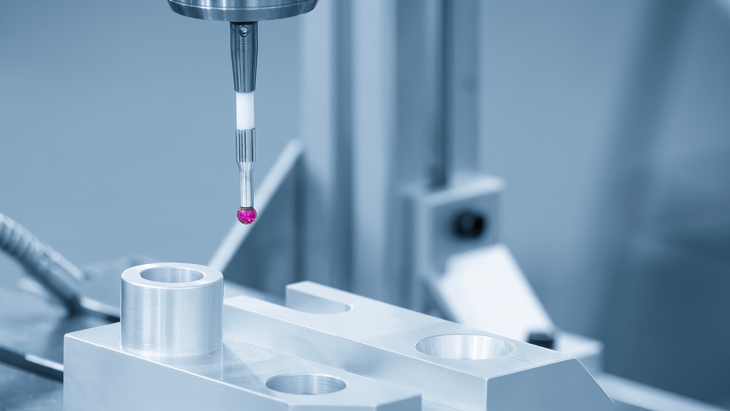 A CMM probe with a ruby tip and a short stem hovers over an aluminum part with a smooth surface and several holes.