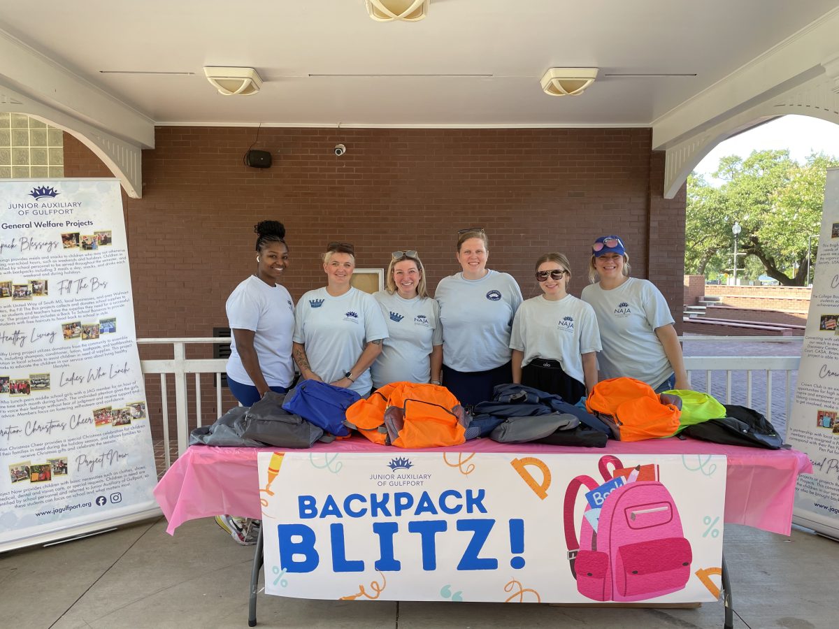 The Backpack Blitz was held by members of the Junior Auxiliary of Gulfport, pictured (l to r) Mimi Pippins, Michele Bennington, Merideth Kathmann, Emalee Gibson, Macie Buza and Catie Triggs. (Photo credit: Melanie Buford)