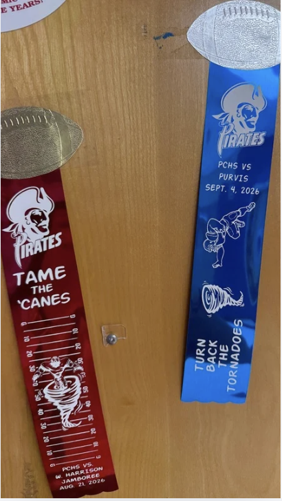 The first two home game spirit ribbons - PCHS against West Harrison atthe Jamboree, and this week’s against Purvis. A teacher at Pass Christian High School displays them on their classroom door