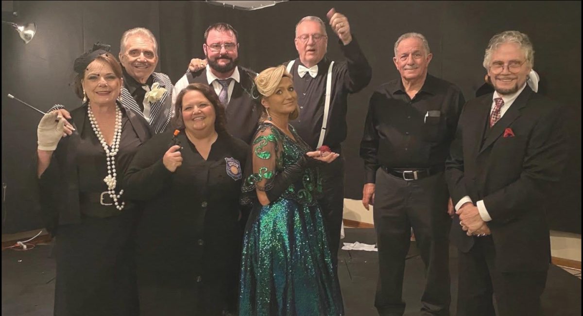 Pictured (l to r) are the cast for the inaugural Murder Mafia Mystery Fundraiser Dinner held in 2022: Shirley Abels, Jimmy Duggan, Suzanne Hudson, John Hudson, Toni Miles, Father Martin J. Gillespie, John Cruso and producer David Biagini.