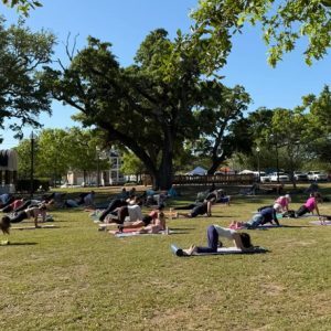 Residents gathered at the Harper McCaughan Town Green on Saturday, April 11, for Yoga in the Park, a free community program hosted by the City of Long Beach and The Energy Club. The next session is scheduled for Saturday, May 9, at 9 a.m.