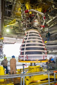 Teams at NASA's Stennis Space Center deliver, lift, and install the first new production on RS-25 engine on the Fred Haise Test Stand on February 18, 2025 (NASA/ Danny Nowlin)